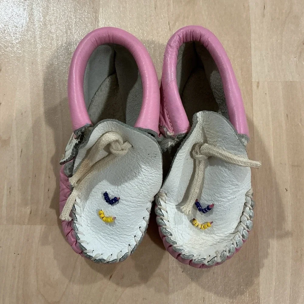 Vintage Baby Moccasins Pink Leather Beadwork Child's Size 4